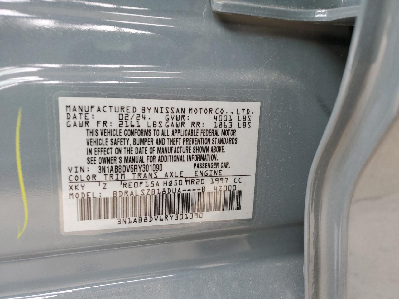 2024 NISSAN SENTRA SR VIN:3N1AB8DV6RY301090