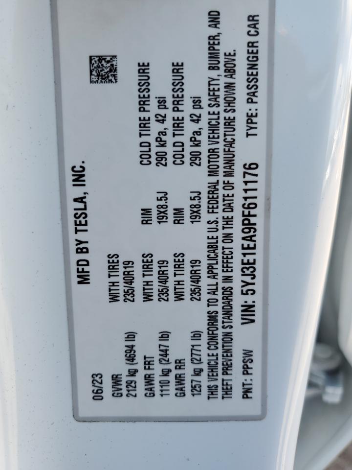 2023 TESLA MODEL 3  VIN:5YJ3E1EA9PF611176