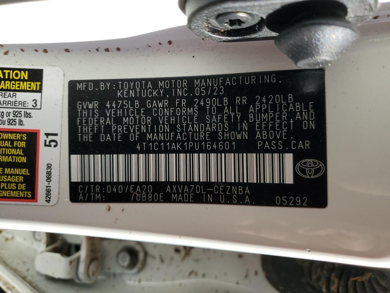 2023 TOYOTA CAMRY LE VIN:4T1C11AK1PU164601