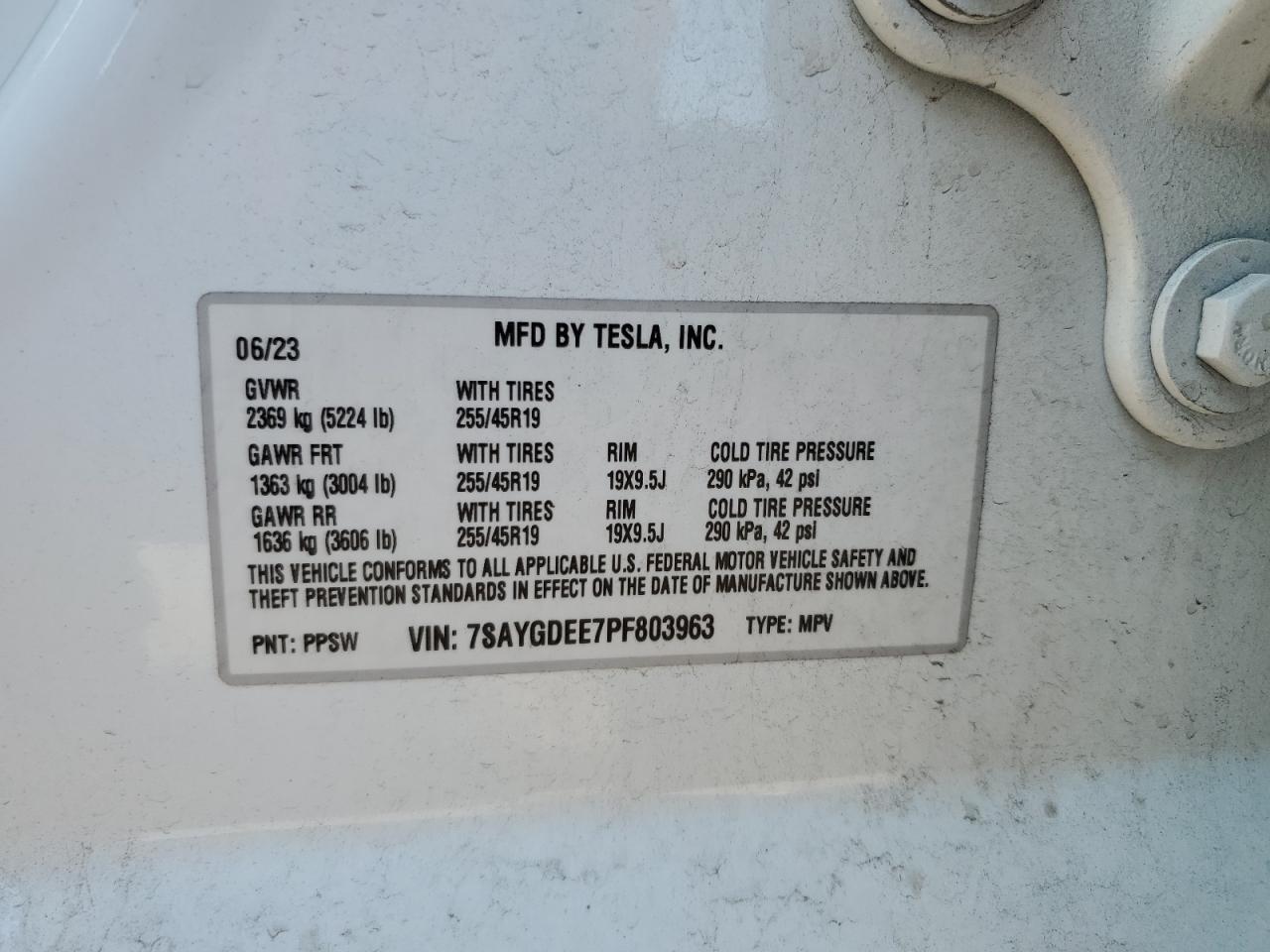 2023 TESLA MODEL Y  VIN:7SAYGDEE7PF803963