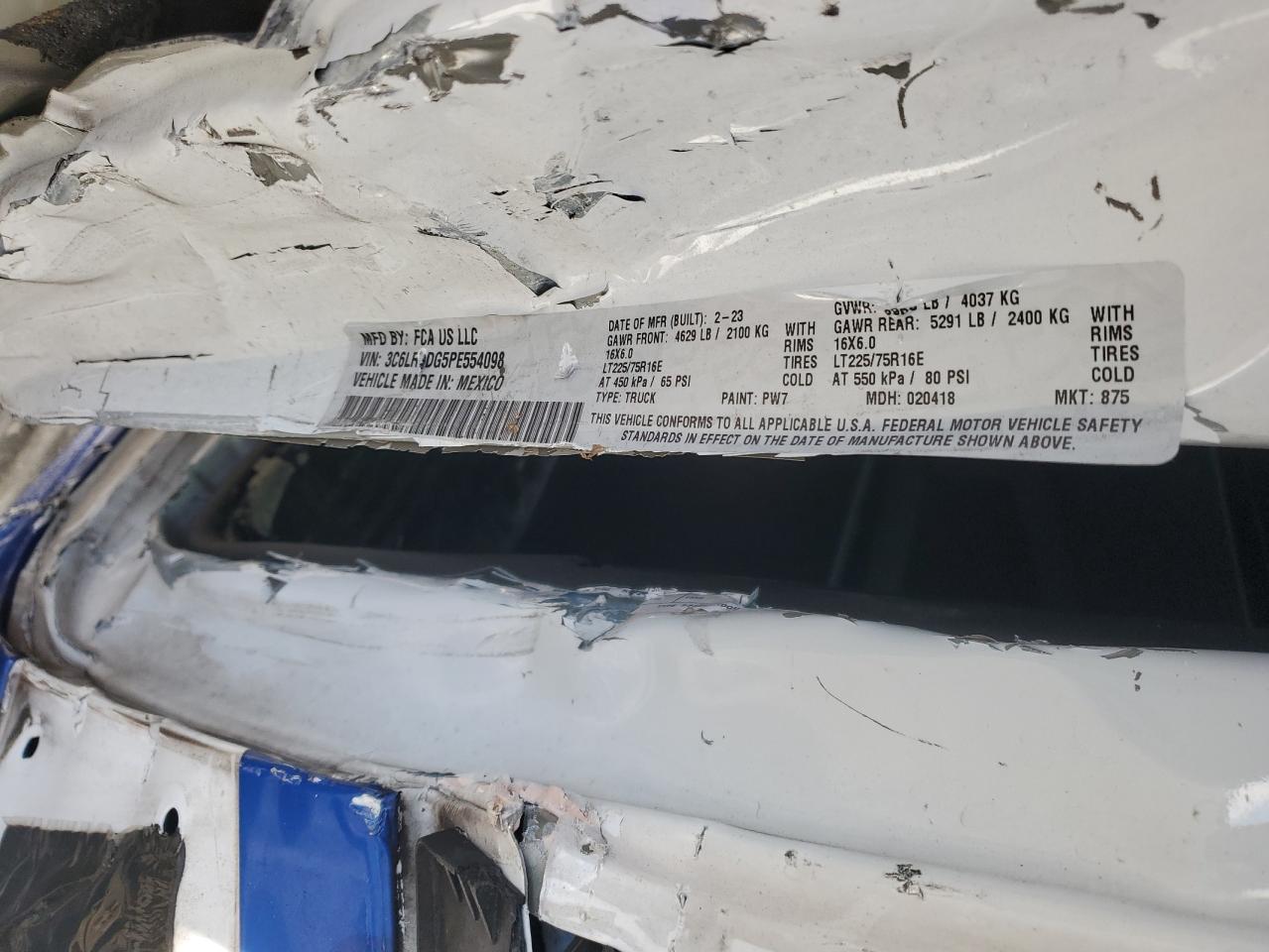 2023 RAM PROMASTER 2500 2500 HIGH VIN:3C6LRVDG5PE554098