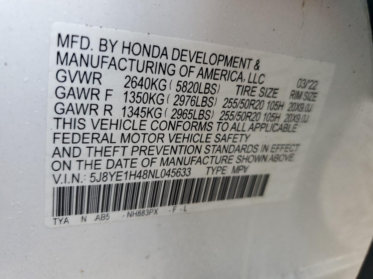 2022 ACURA MDX TECHNOLOGY VIN:5J8YE1H48NL045633