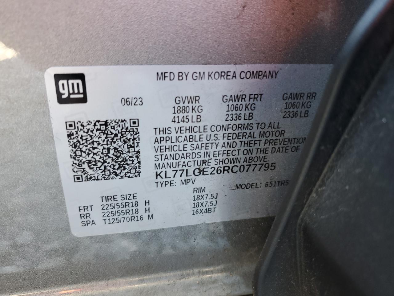 2024 CHEVROLET TRAX 1RS VIN:KL77LGE26RC077795