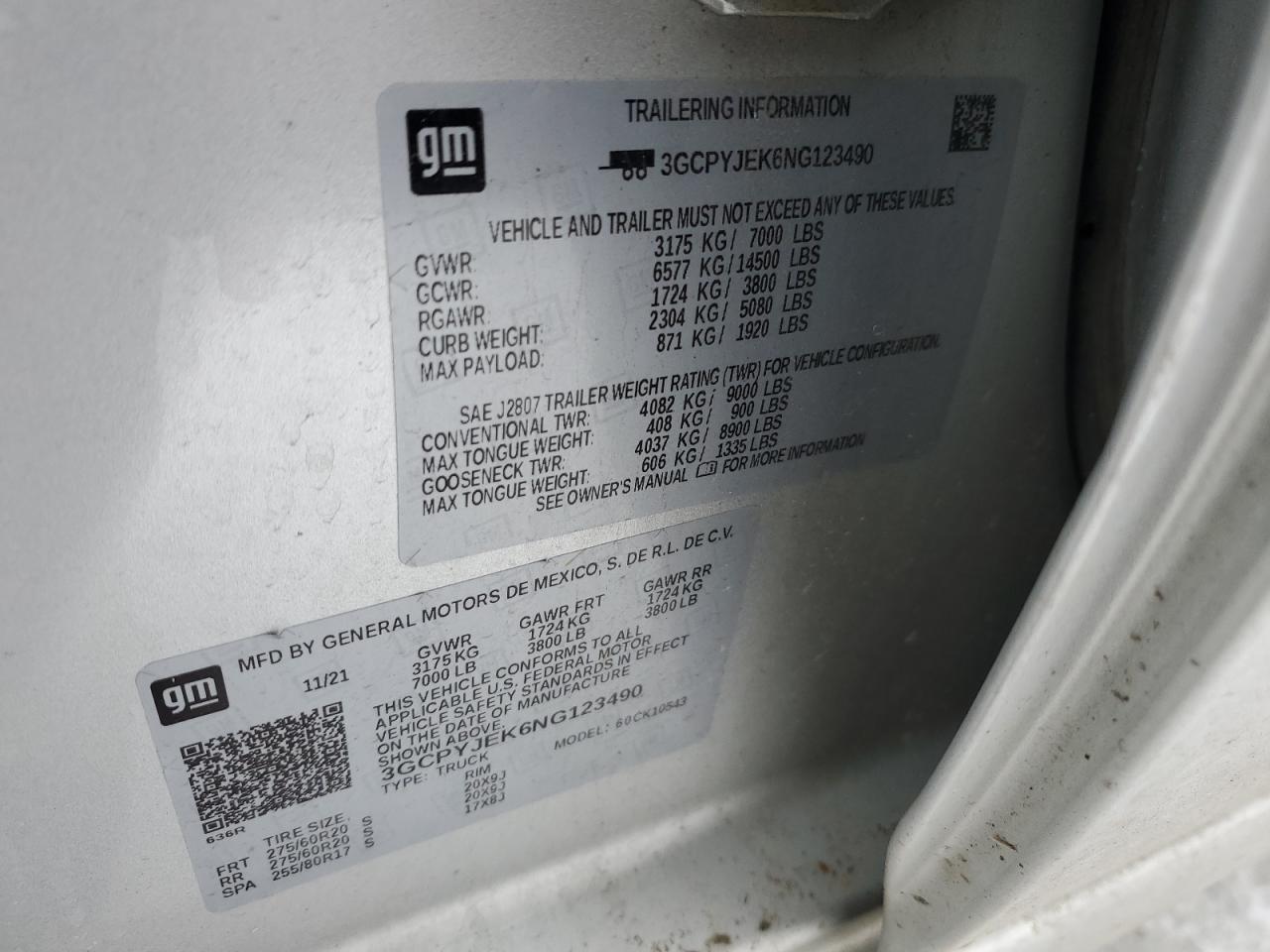 2022 CHEVROLET SILVERADO LTD K1500 LT-L VIN:3GCPYJEK6NG123490