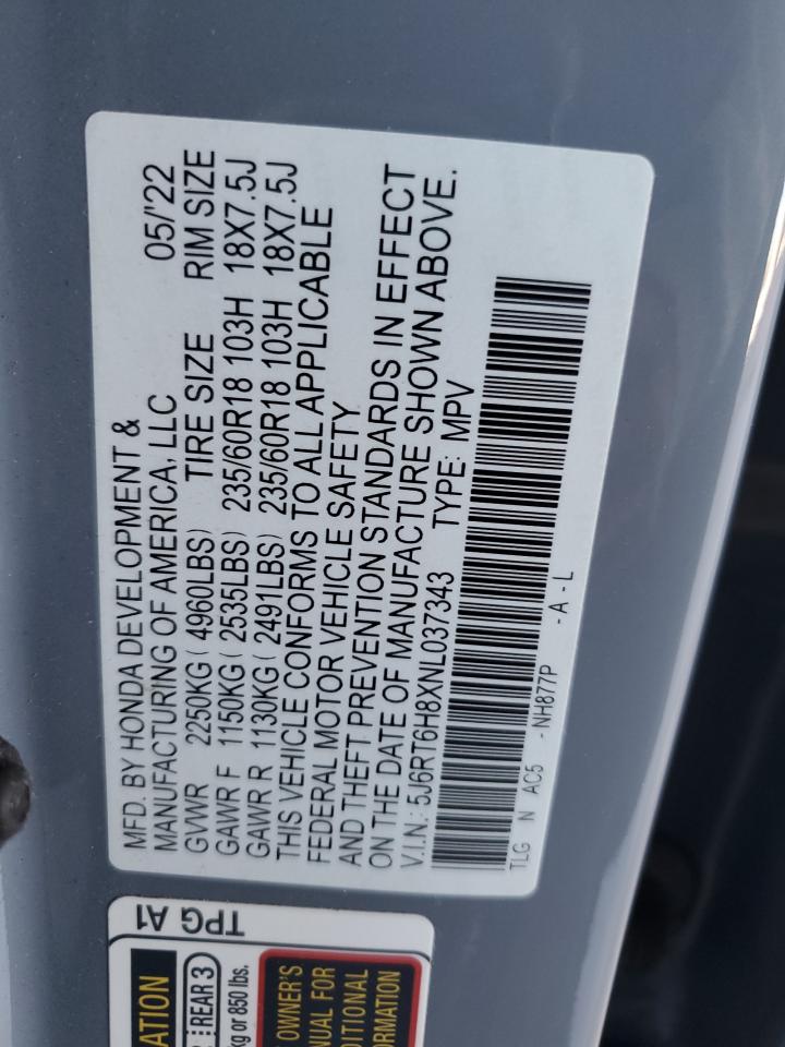 2022 HONDA CR-V EXL VIN:5J6RT6H8XNL037343