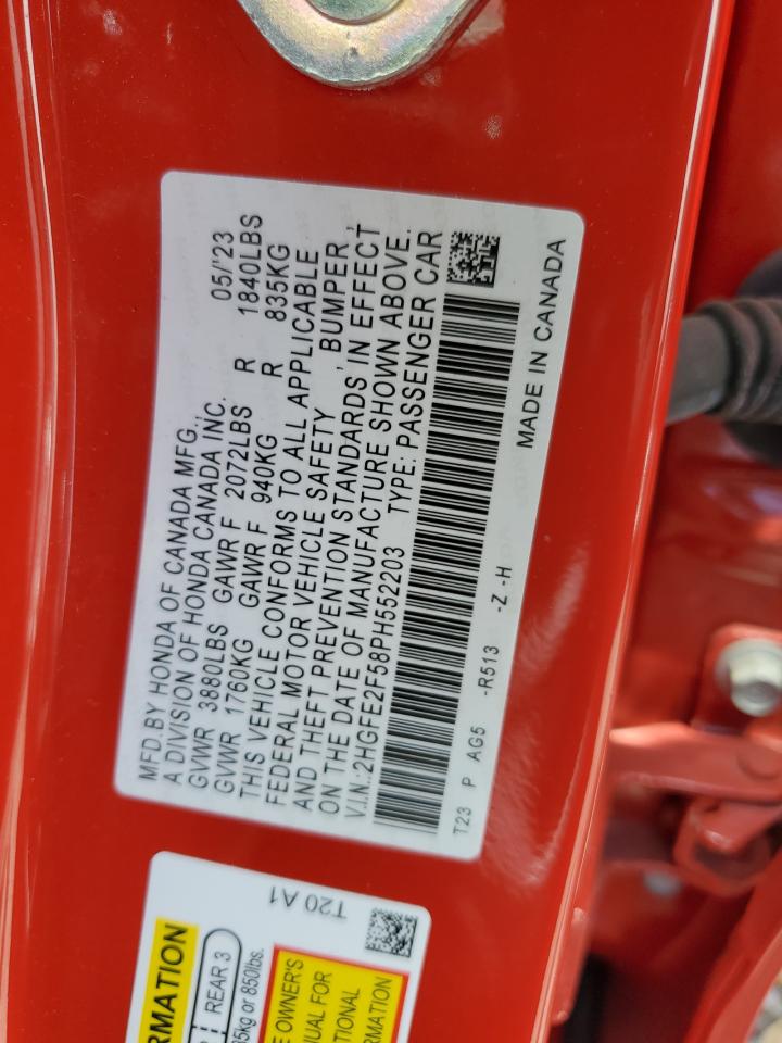 2023 HONDA CIVIC SPORT VIN:2HGFE2F58PH552203