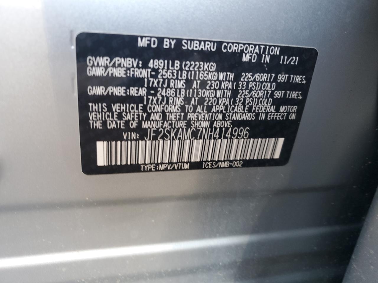 2022 SUBARU FORESTER WILDERNESS VIN:JF2SKAMC7NH414996