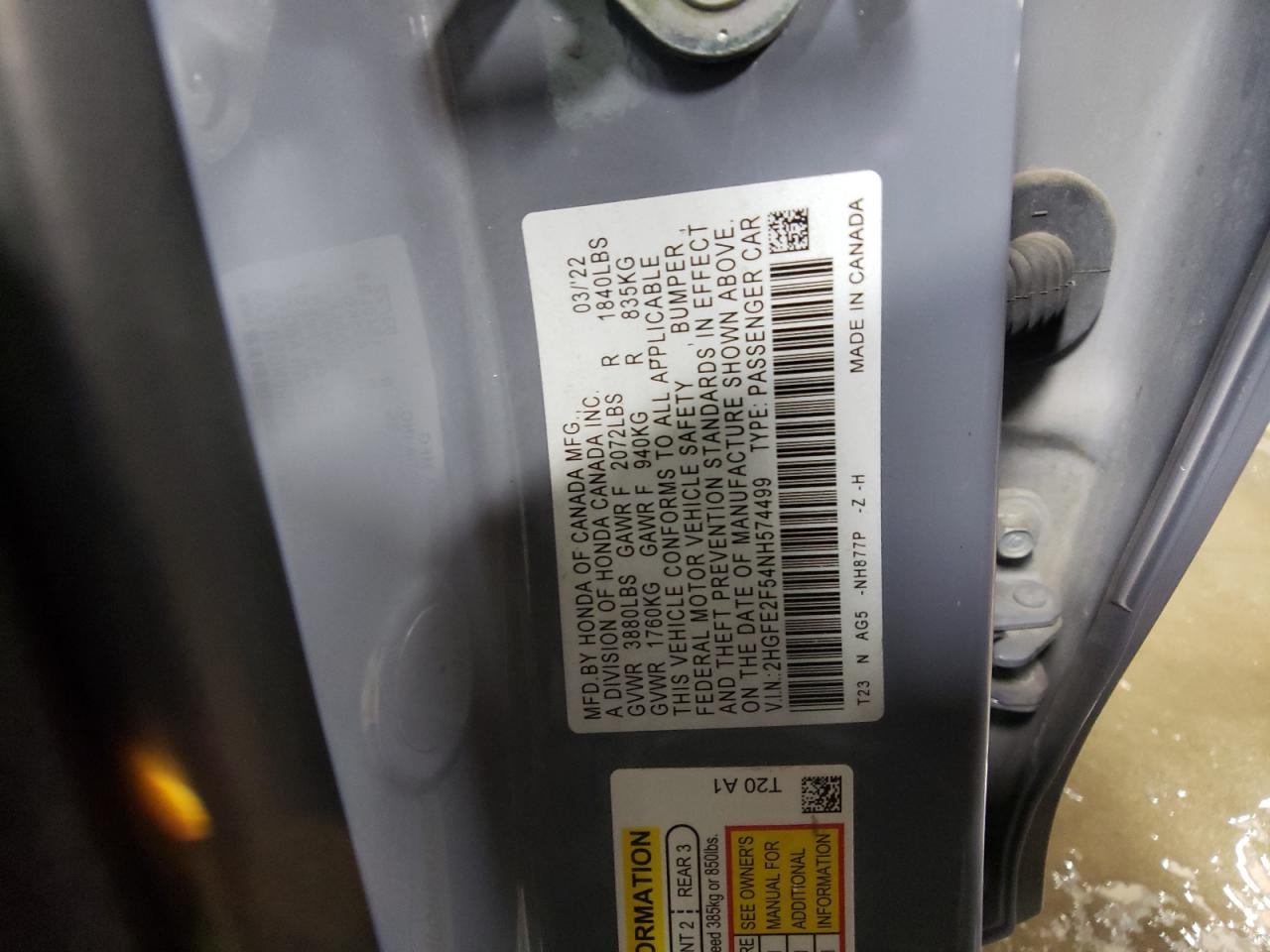 2022 HONDA CIVIC SPORT VIN:2HGFE2F54NH574499