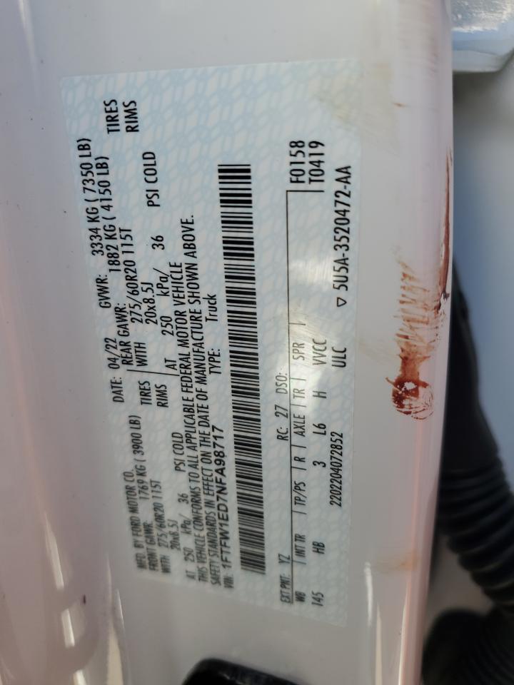 2022 FORD F150 SUPERCREW VIN:1FTFW1ED7NFA98717