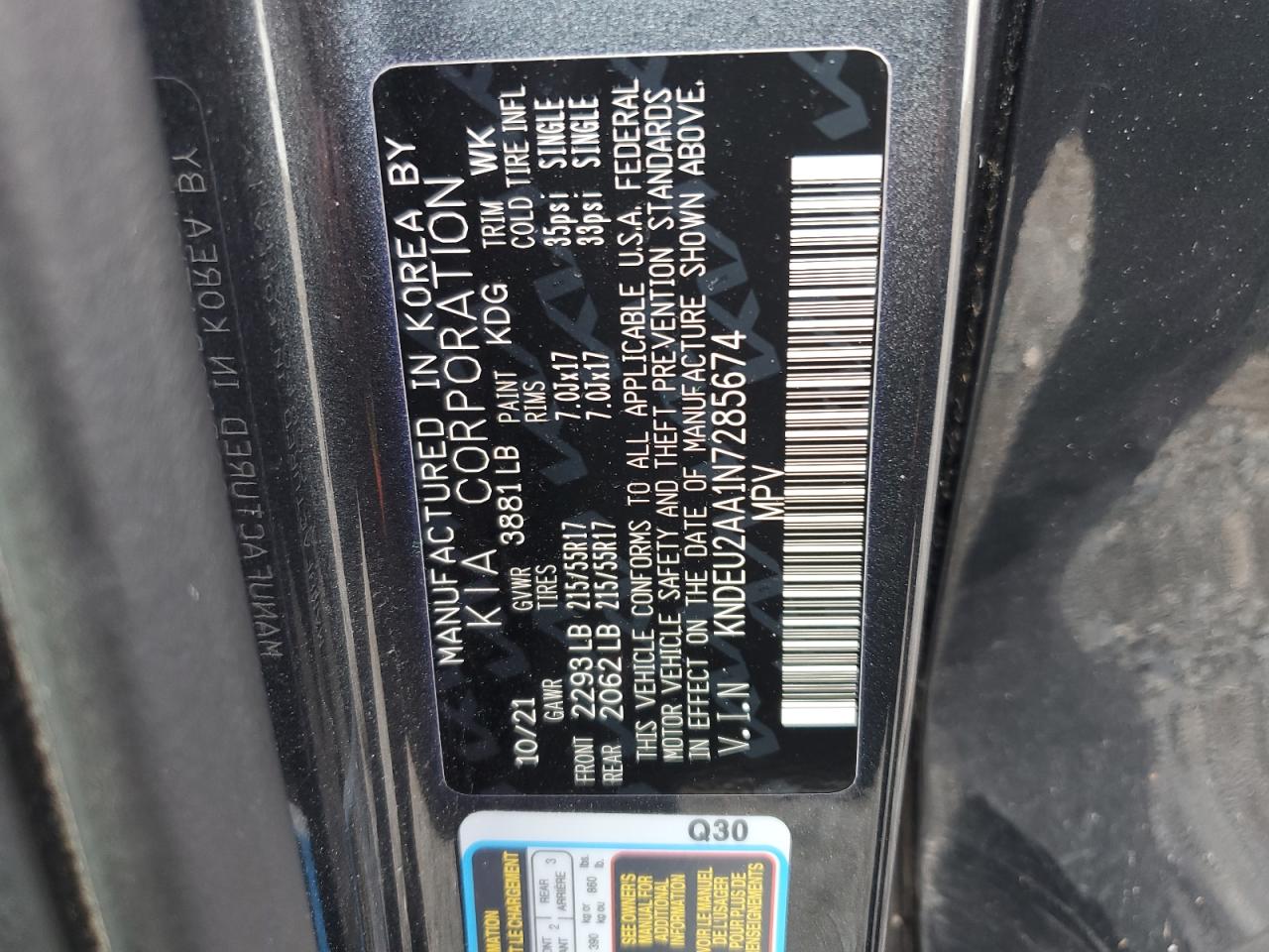2022 KIA SELTOS S VIN:KNDEU2AA1N7285674