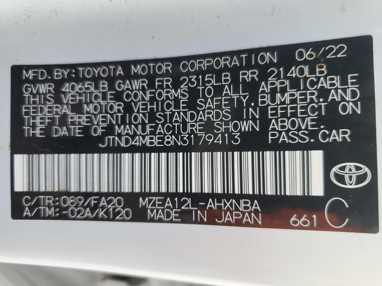2022 TOYOTA COROLLA SE VIN:JTND4MBE8N3179413