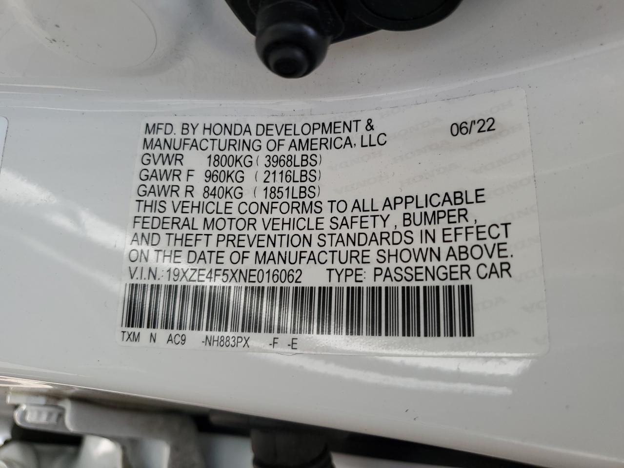 2022 HONDA INSIGHT EX VIN:19XZE4F5XNE016062