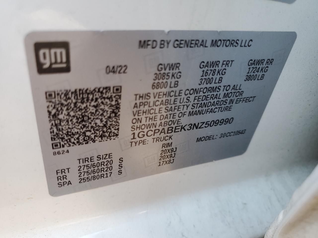 2022 CHEVROLET SILVERADO C1500 CUSTOM VIN:1GCPABEK3NZ509990