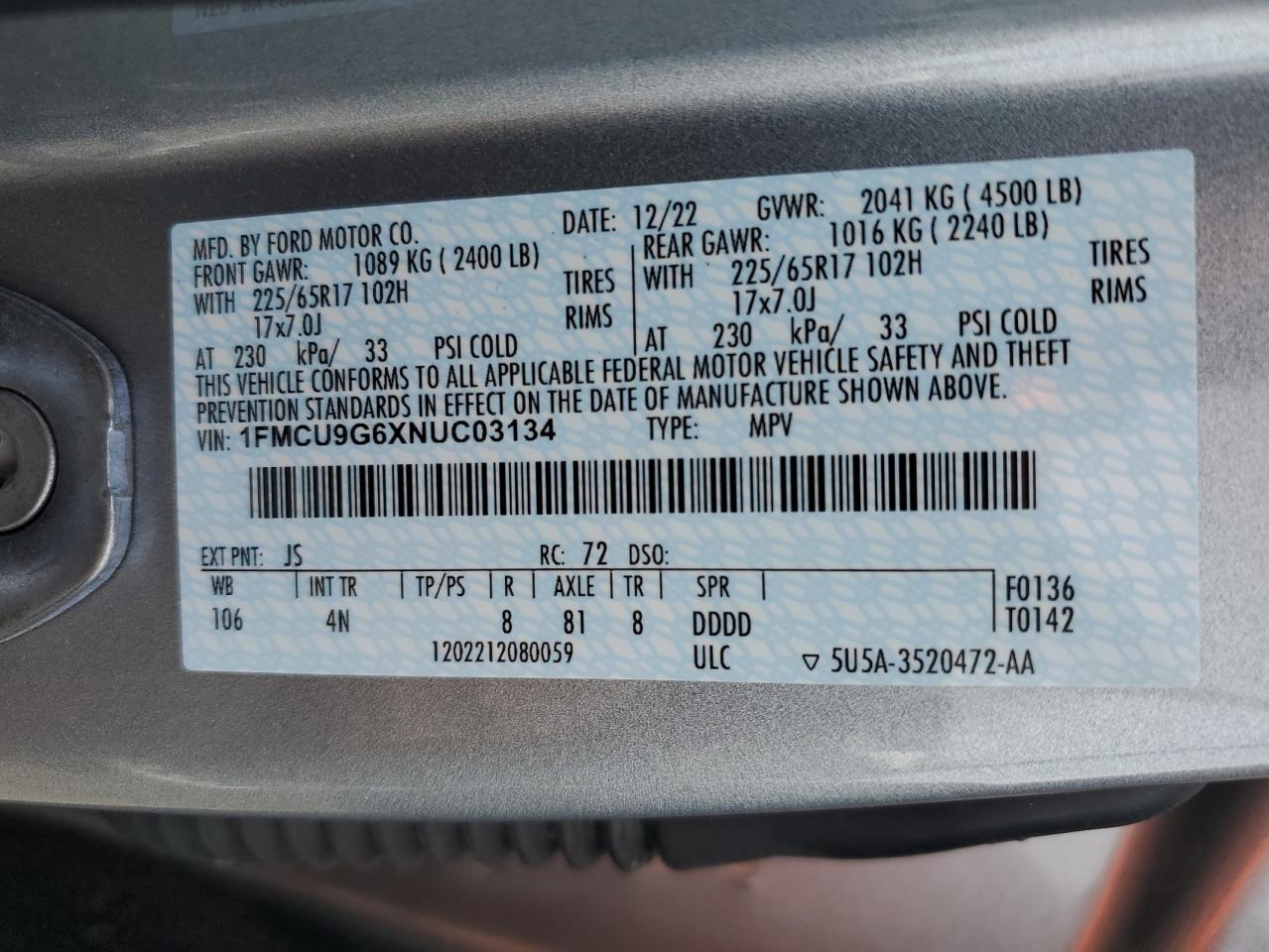 2022 FORD ESCAPE SE VIN:1FMCU9G6XNUC03134