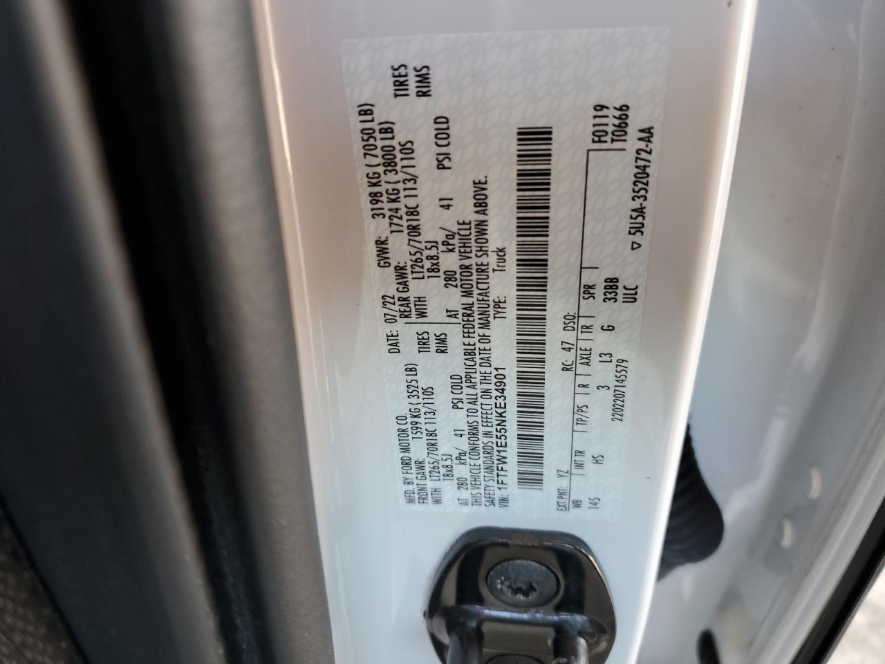 2022 FORD F150 SUPERCREW VIN:1FTFW1E55NKE34901