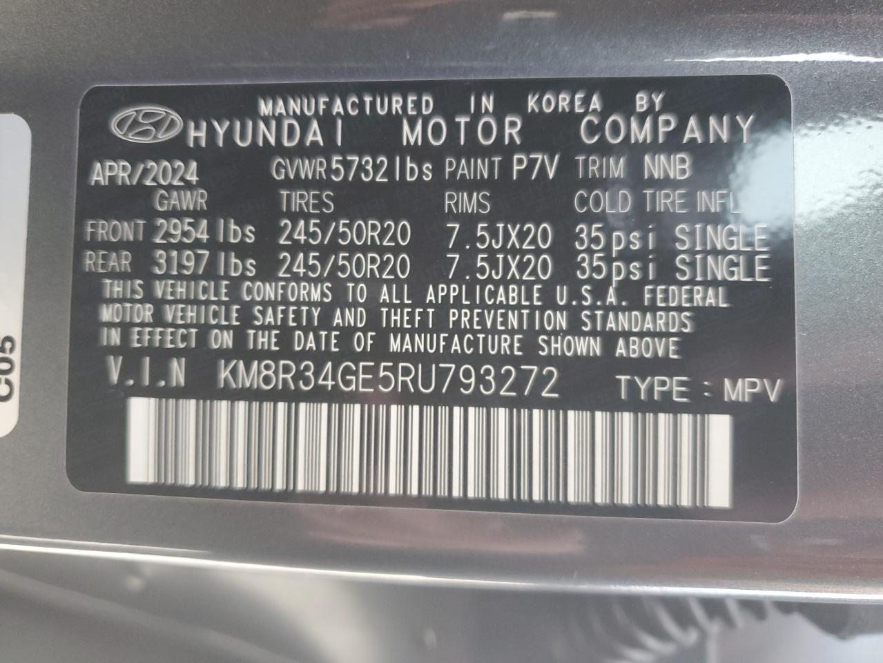 2024 HYUNDAI PALISADE XRT VIN:KM8R34GE5RU793272