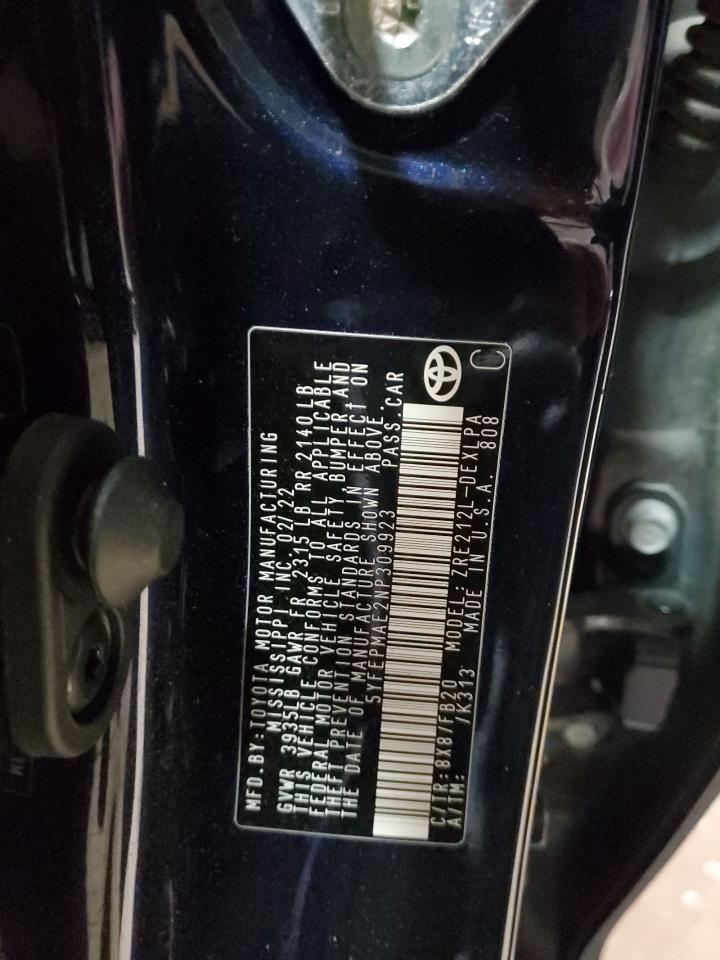 2022 TOYOTA COROLLA LE VIN:5YFEPMAE2NP309923