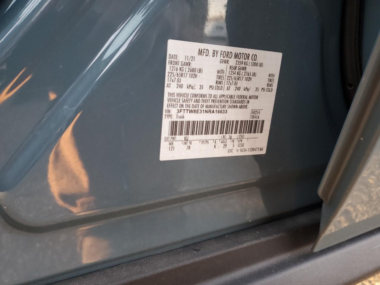2022 FORD MAVERICK XL VIN:3FTTW8E31NRA16633