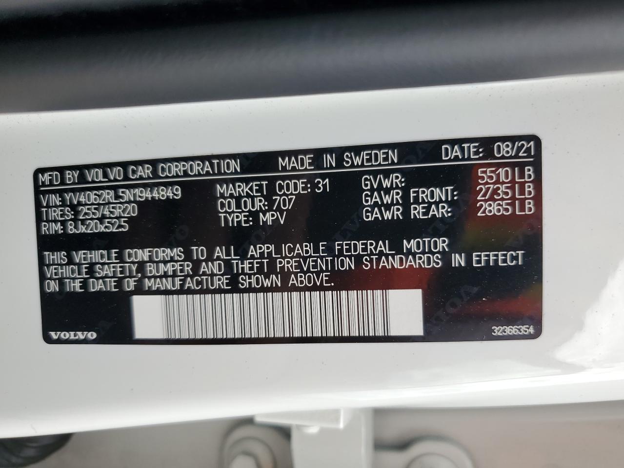 2022 VOLVO XC60 B6 INSCRIPTION VIN:YV4062RL5N1944849