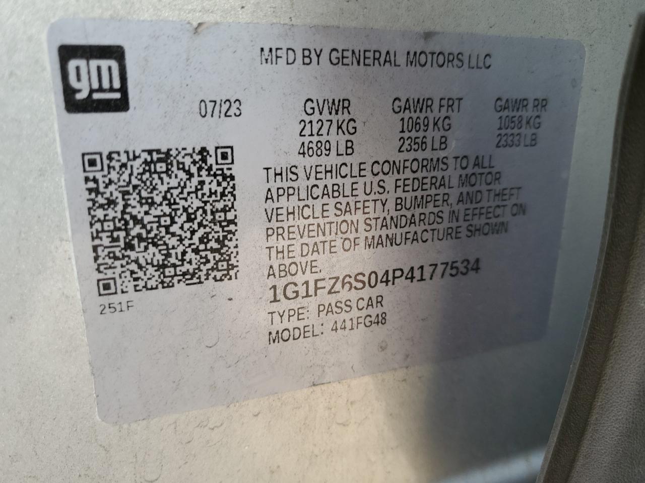 2023 CHEVROLET BOLT EUV PREMIER VIN:1G1FZ6S04P4177534