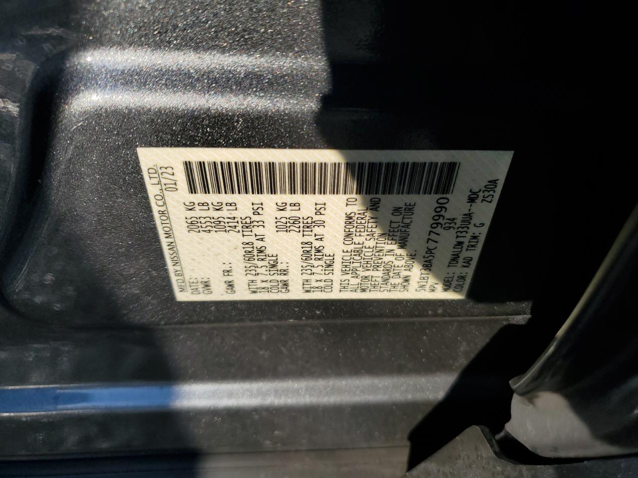2023 NISSAN ROGUE SV VIN:5N1BT3BA5PC779990