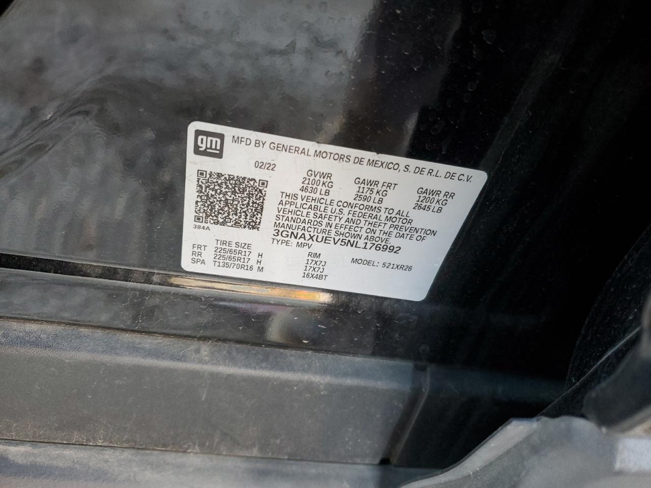 2022 CHEVROLET EQUINOX LT VIN:3GNAXUEV5NL176992