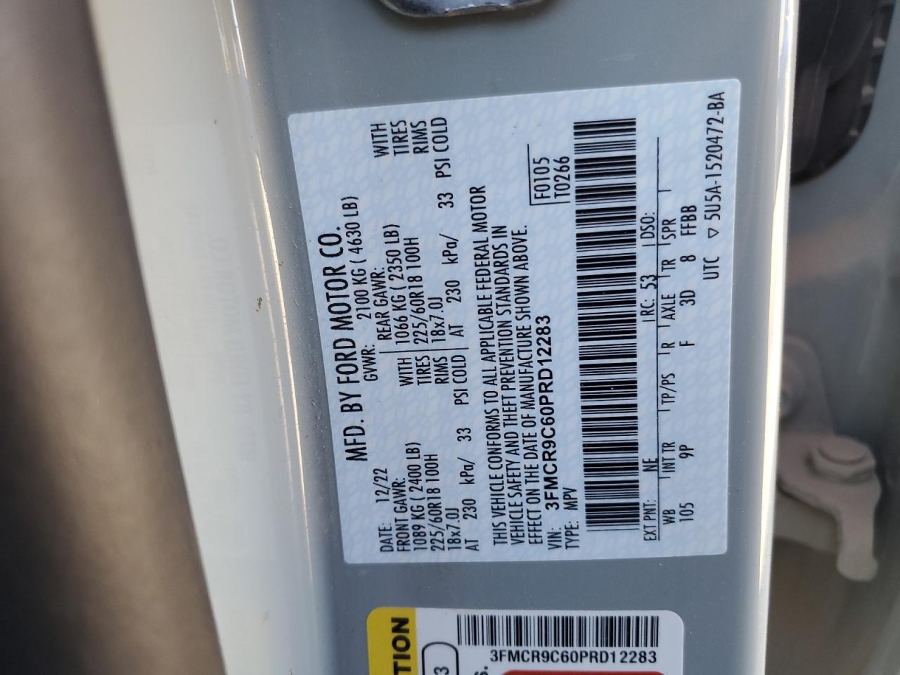 2023 FORD BRONCO SPORT OUTER BANKS VIN:3FMCR9C60PRD12283