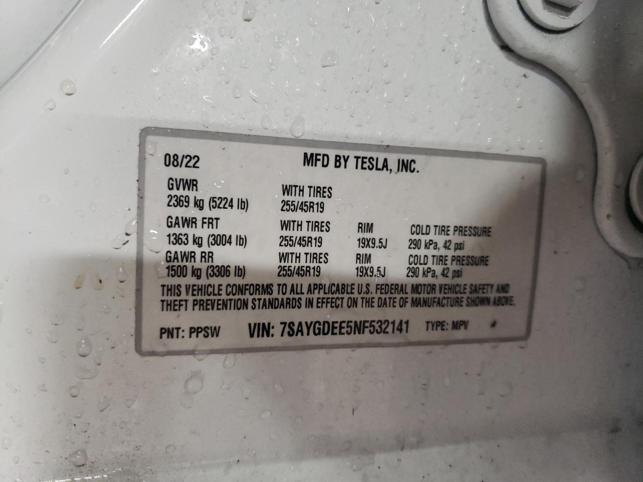 2022 TESLA MODEL Y  VIN:7SAYGDEE5NF532141