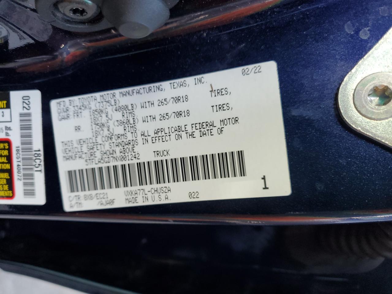 2022 TOYOTA TUNDRA DOUBLE CAB SR VIN:5TFLA5GD7NX001242