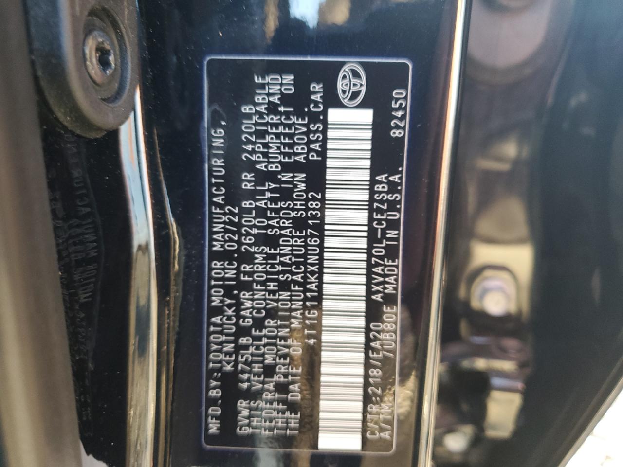 2022 TOYOTA CAMRY SE VIN:4T1G11AKXNU671382