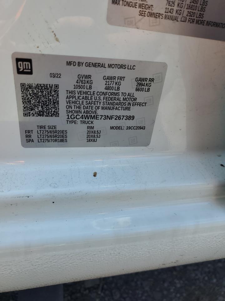 2022 CHEVROLET SILVERADO C2500 CUSTOM VIN:1GC4WME73NF267389