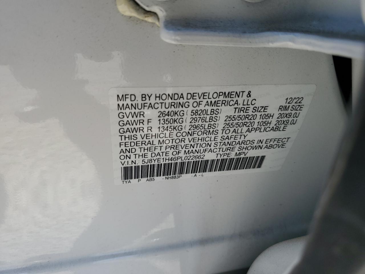 2023 ACURA MDX TECHNOLOGY VIN:5J8YE1H46PL022662