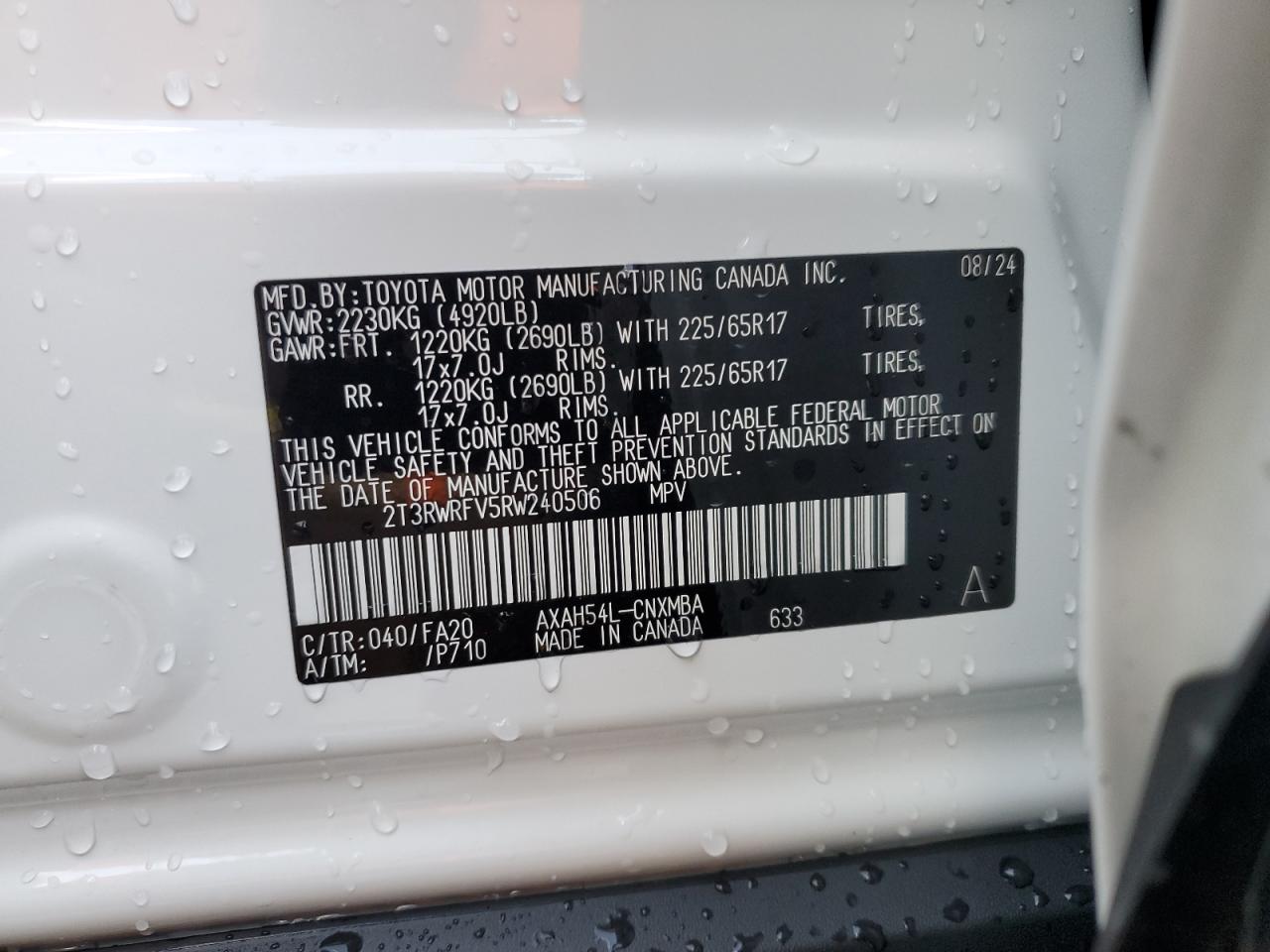 2024 TOYOTA RAV4 XLE VIN:2T3RWRFV5RW240506