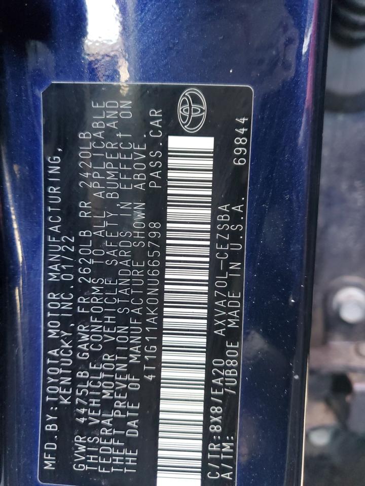 2022 TOYOTA CAMRY SE VIN:4T1G11AK0NU665798