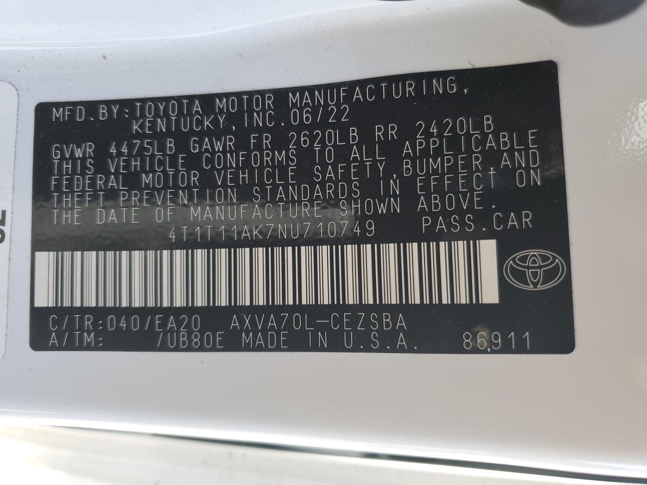 2022 TOYOTA CAMRY SE VIN:4T1T11AK7NU710749