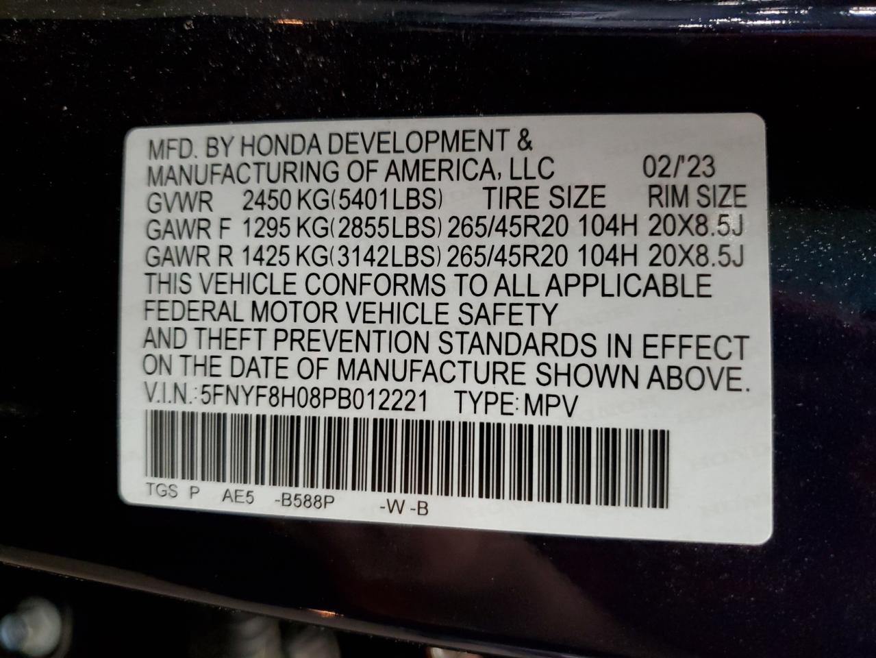 2023 HONDA PASSPORT ELITE VIN:5FNYF8H08PB012221