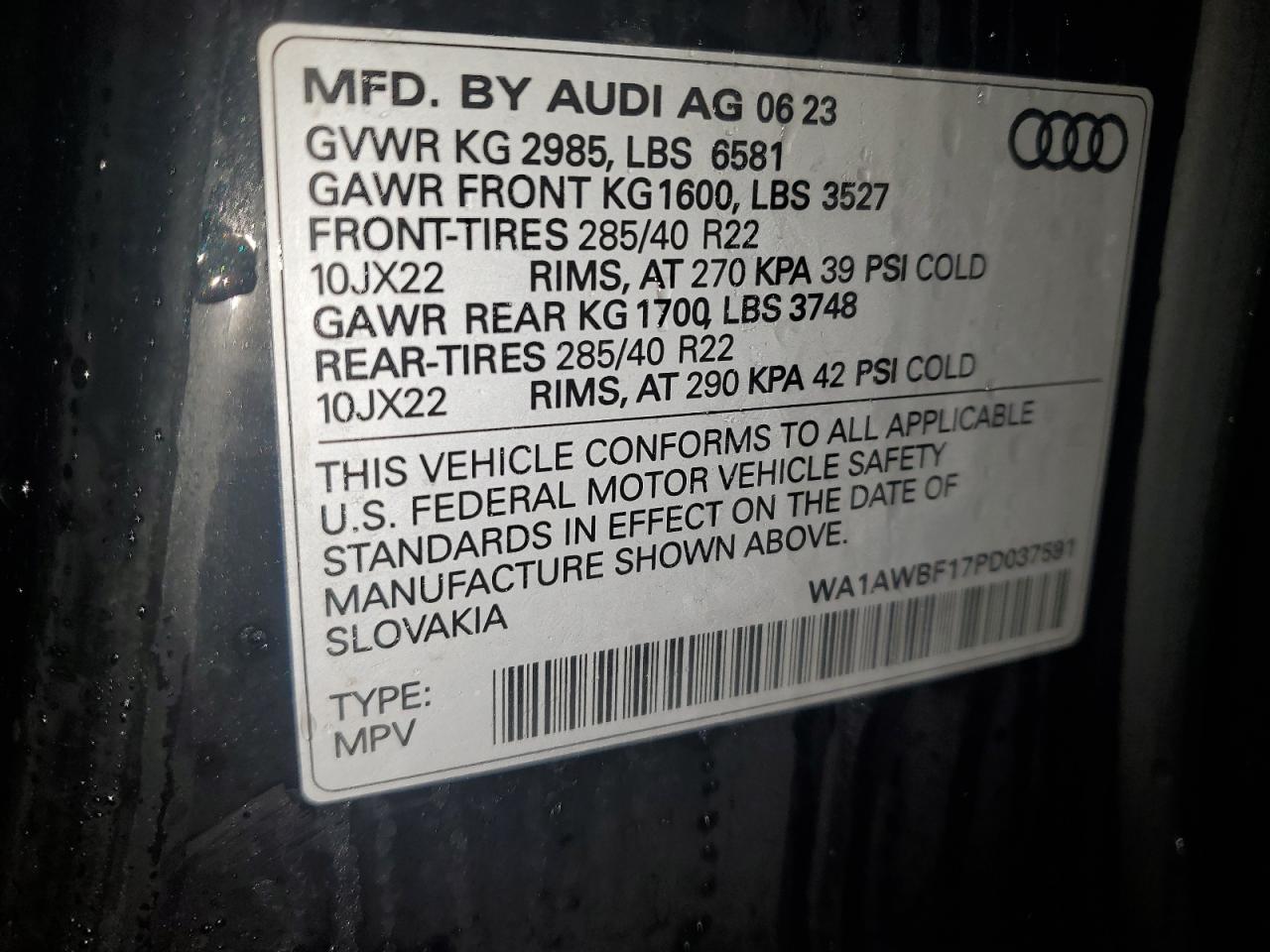 2023 AUDI SQ8 PREMIUM PLUS VIN:WA1AWBF17PD037591
