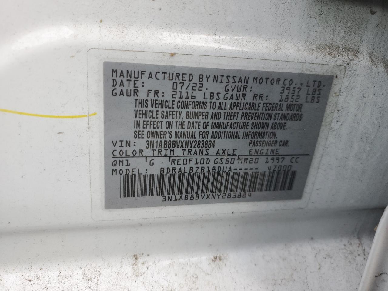 2022 NISSAN SENTRA S VIN:3N1AB8BVXNY283884