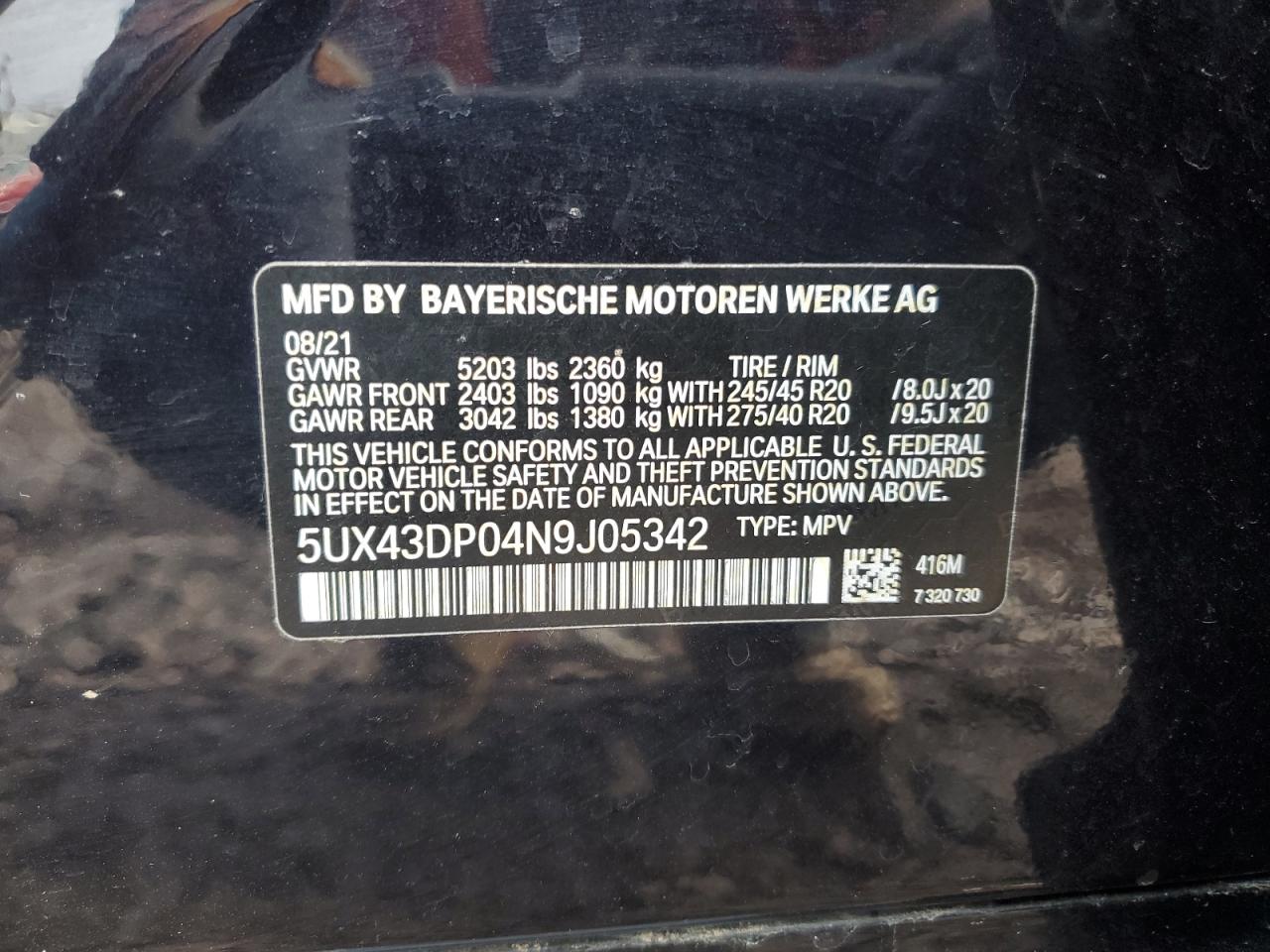 2022 BMW X3 SDRIVE30I VIN:5UX43DP04N9J05342