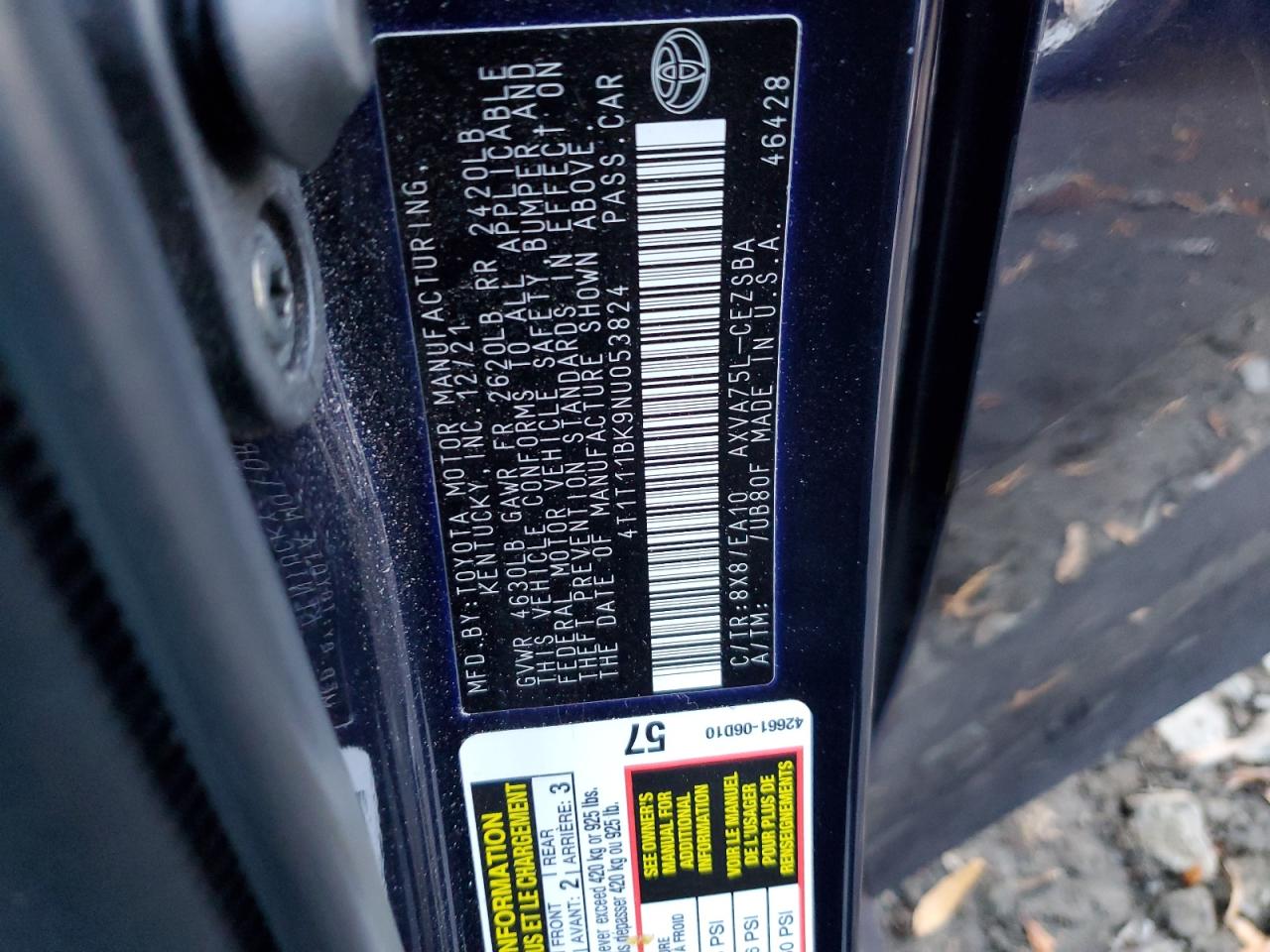 2022 TOYOTA CAMRY SE VIN:4T1T11BK9NU053824