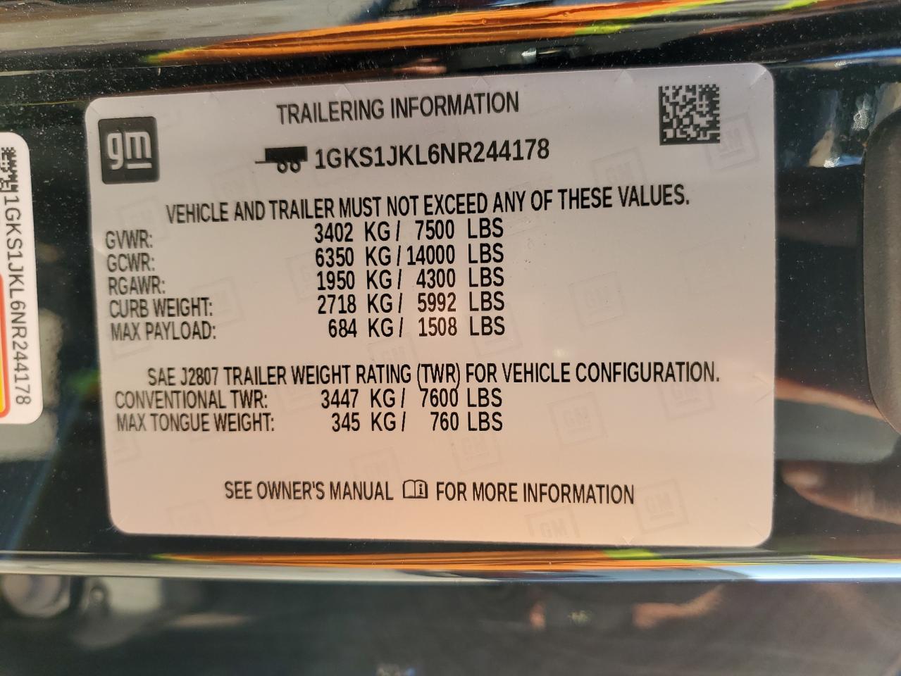 2022 GMC YUKON XL DENALI VIN:1GKS1JKL6NR244178