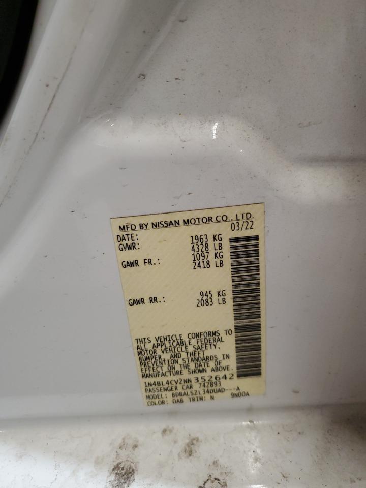2022 NISSAN ALTIMA SR VIN:1N4BL4CV2NN352642