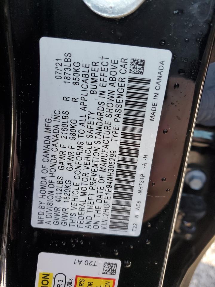 2022 HONDA CIVIC TOURING VIN:2HGFE1F94NH305299