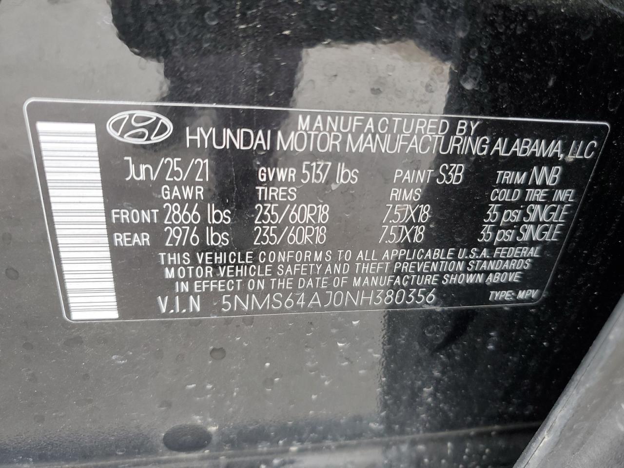 2022 HYUNDAI SANTA FE SEL VIN:5NMS64AJ0NH380356