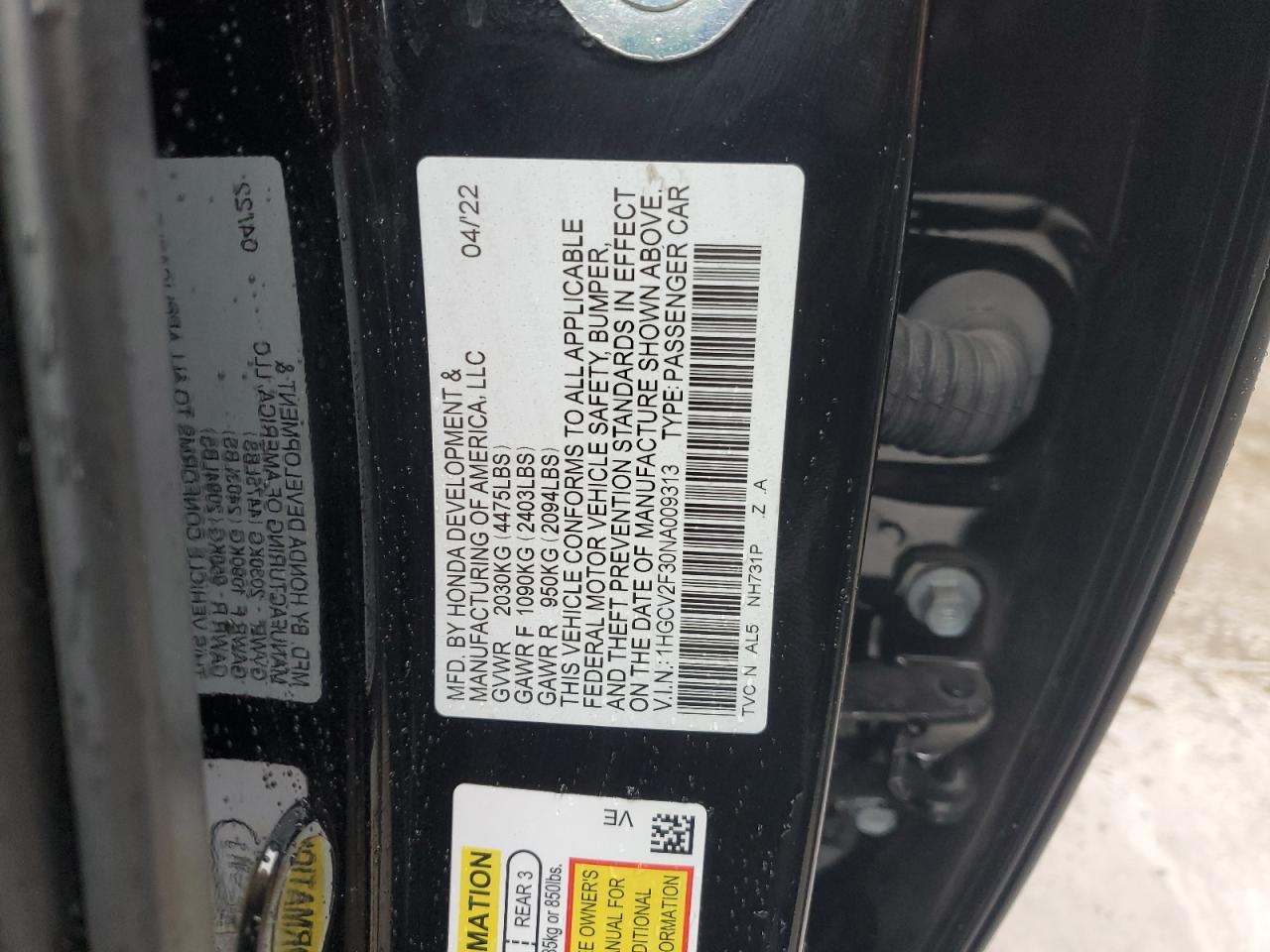 2022 HONDA ACCORD SPORT VIN:1HGCV2F30NA009313