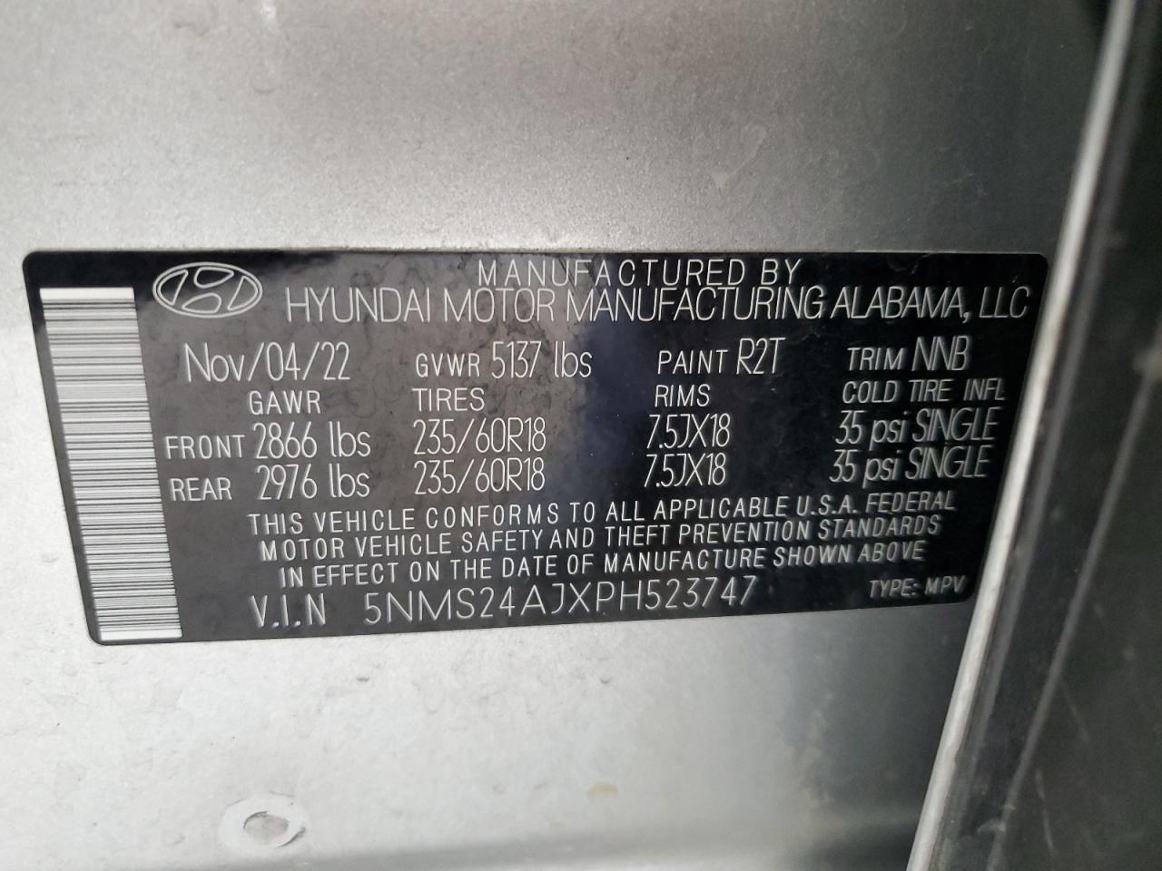 2023 HYUNDAI SANTA FE SEL VIN:5NMS24AJXPH523747