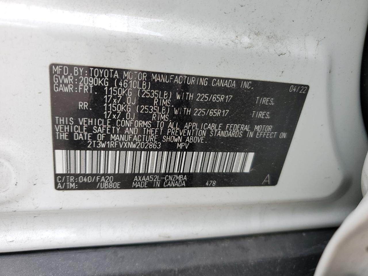 2022 TOYOTA RAV4 XLE VIN:2T3W1RFVXNW202863