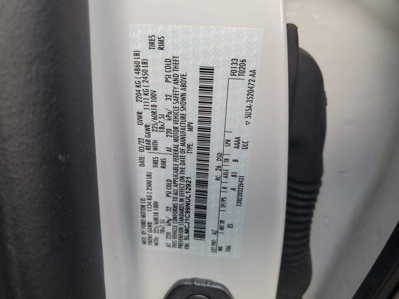 2022 LINCOLN CORSAIR  VIN:5LMCJ1C99NUL12921