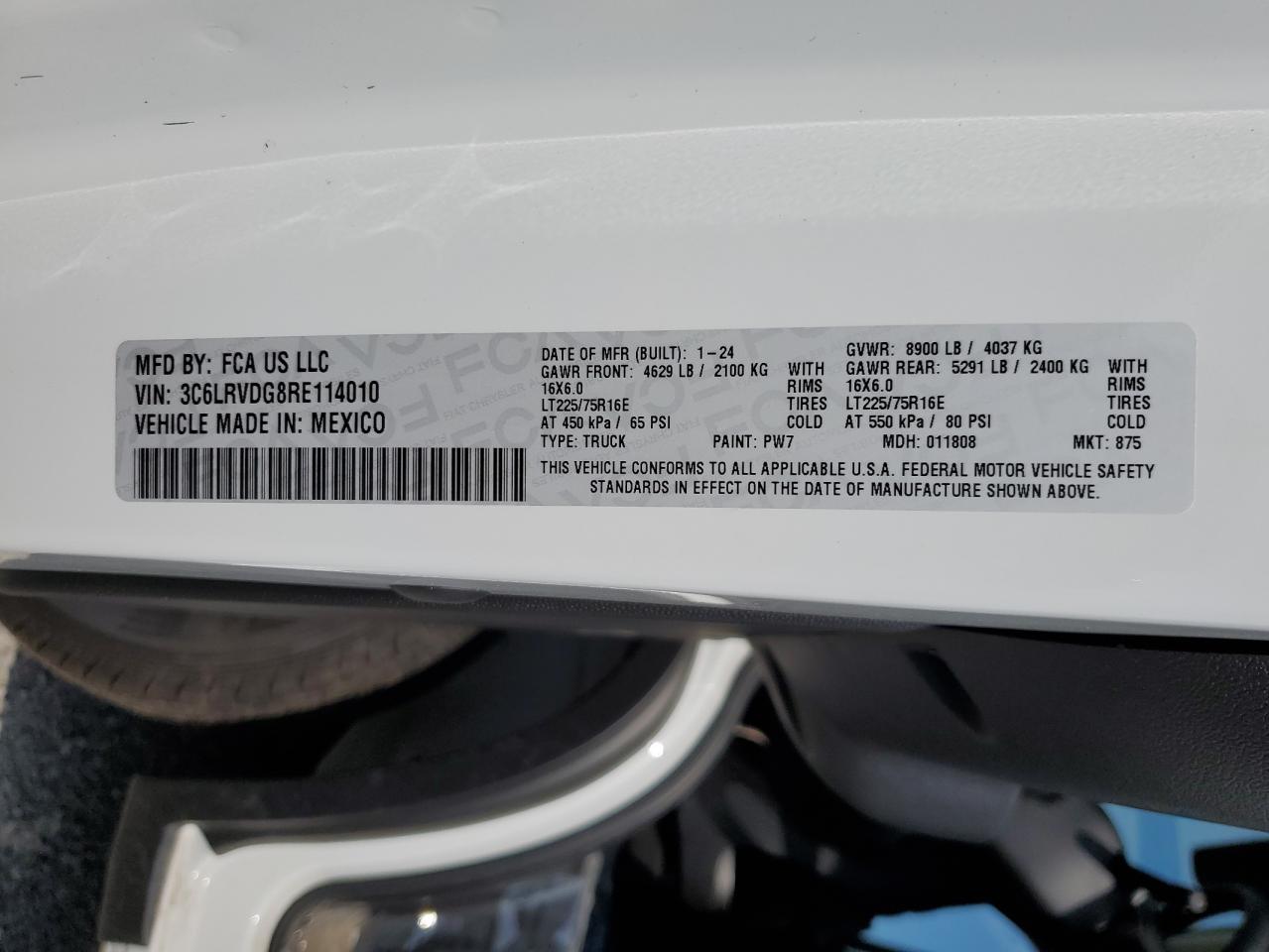 2024 RAM PROMASTER 2500 2500 HIGH VIN:3C6LRVDG8RE114010