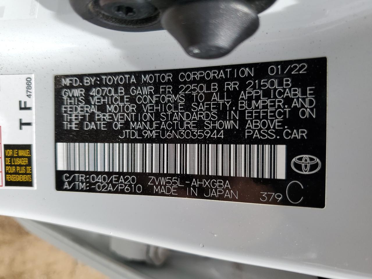 2022 TOYOTA PRIUS LE VIN:JTDL9MFU6N3035944